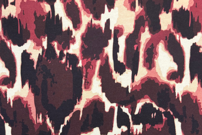 Tricot katoen stof, abstracte print, aubergine/crème. Actie48-1