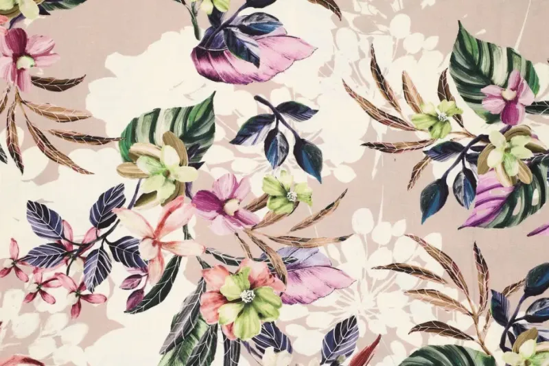 Linnen viscose stof, bloemen print, roze/groen/bruin. A.228-1