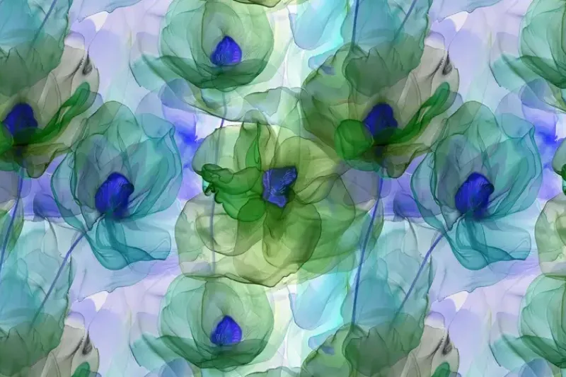 Viscose Tricot Stof, Digital Print Aquarel Bloemen, Aqua/Groen, P940-1