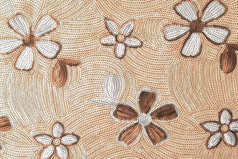 Pailletten stof, bloemen, bruin/beige/zilver, P1017-1