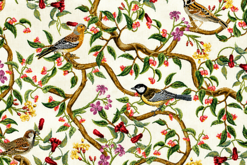 Decoratie stof Gobelin, vogels op tak, rood/bruin/geel/groen/wit, DG09