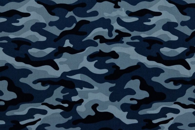 Babyrib, fijne ribstof, camouflage/legerprint, lichtblauw/donkerblauw