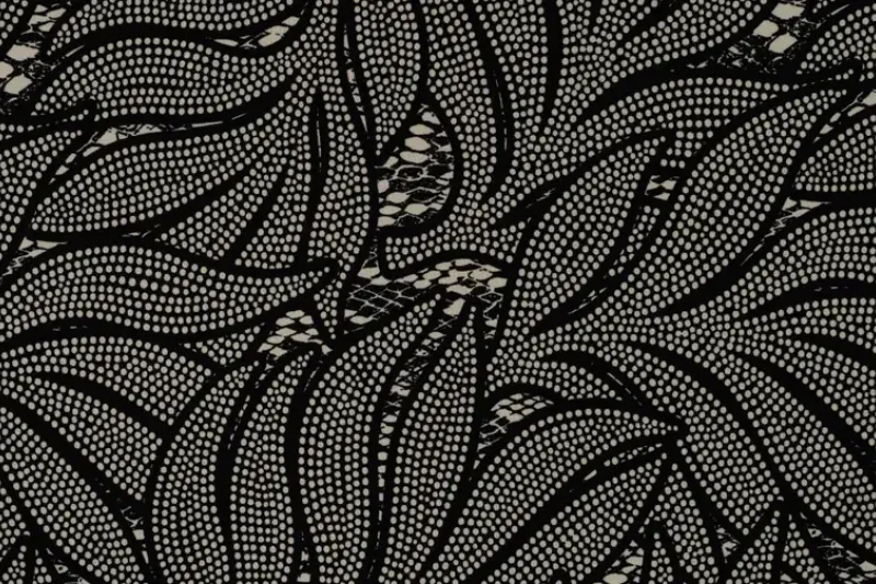 Viscose twill stof, bladeren print, zwart/wit. P974-1