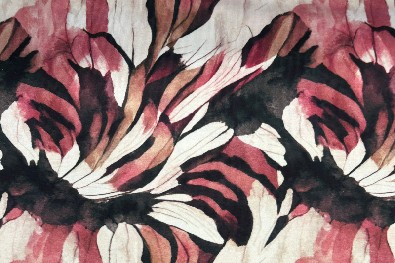 Tricot katoen stof, abstract print, roze/crème. Actie18-1
