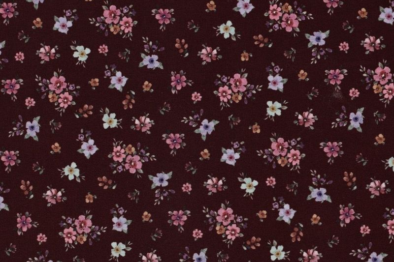 Jersey stof, bloemen print, bordeaux. A.230-1