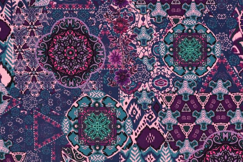 Jersey Digital Ornament Stof, Blauw/Paars/Aqua. P907-1
