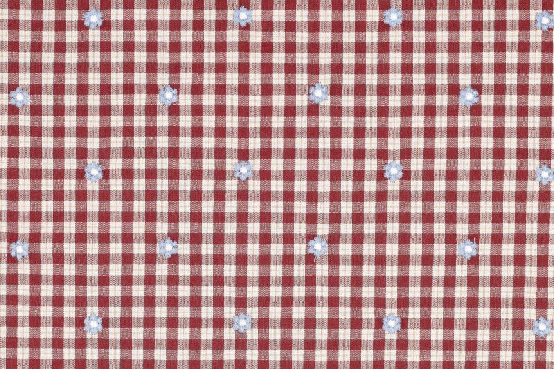 Katoen viscose stof, ruit bloemen print, rood/wit/blauw, A.130-1