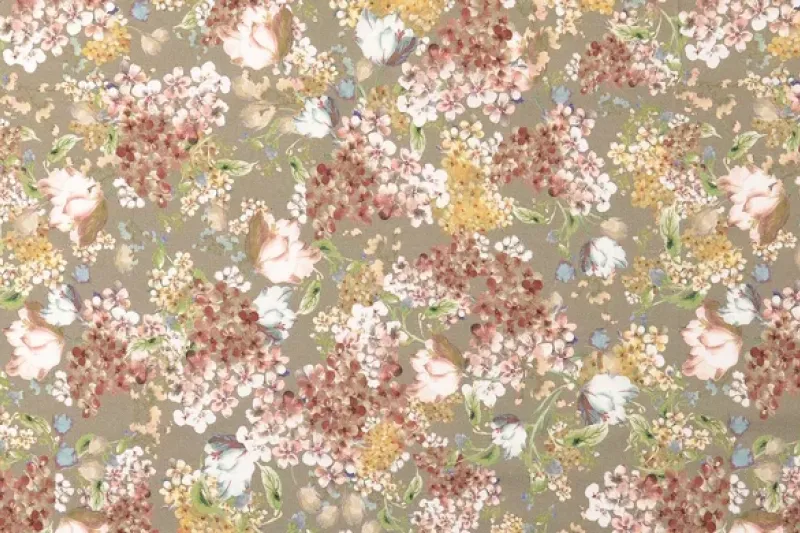 Poplin Katoen Stof, Bloemen Print, Roze/Olijf Groen/Beige, P894-1