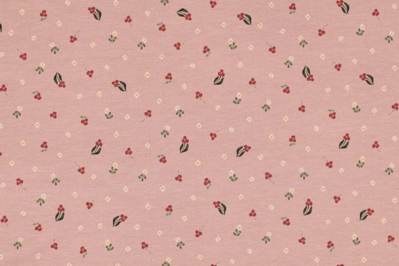 Jersey stof, GOTS, bloemen motief, roze. A.157-1
