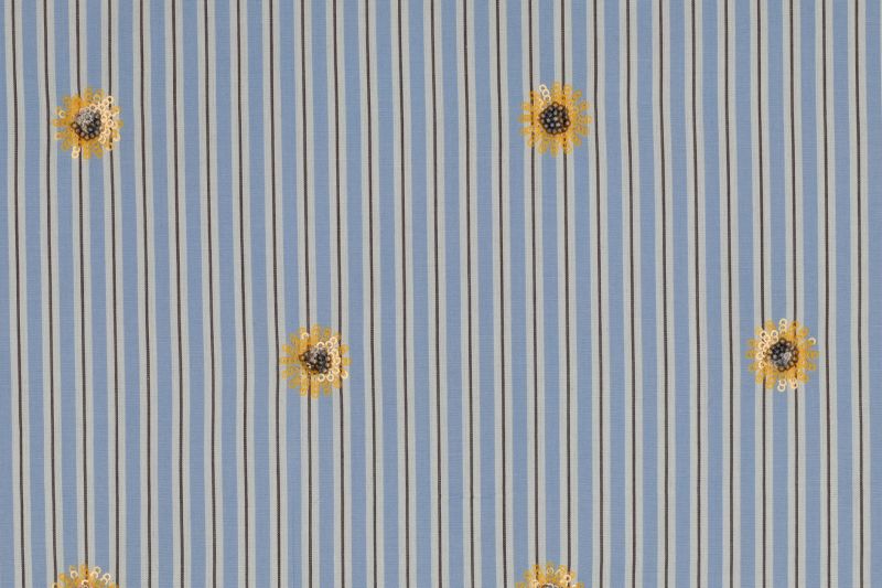 Katoen stof, strepen met bloemen pailletten, blauw/geel. A.151-1