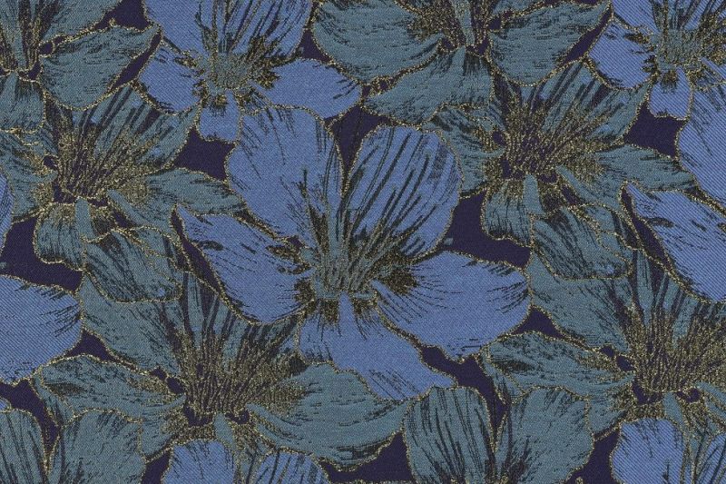 Jacquard Stof, Bloemen Print, Blauw/Aqua/Goud. P918-1