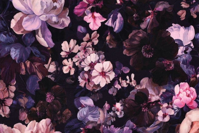 Jogging stof, Bloemenprint, Marineblauw/Paars/Roze. P915-1