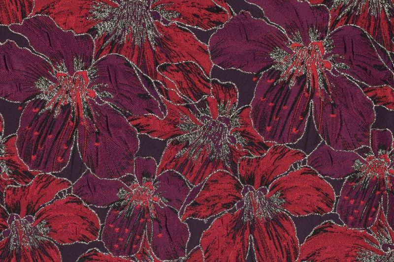 Jacquard Stof, Bloemen Print, Rood/Paars/Goud. P919-1