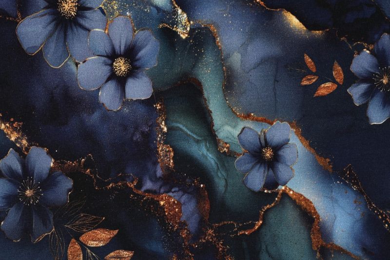 Punta di roma stof, bloemen print, blauw/goud/groen. A.135-1