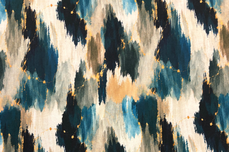 Tricot katoen stof, abstracte print, blauw/crème. Actie7-1