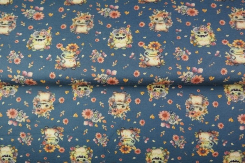 Stenzo-poplin-katoen-stof-mini-monstertjes-met-bloemen-x1411