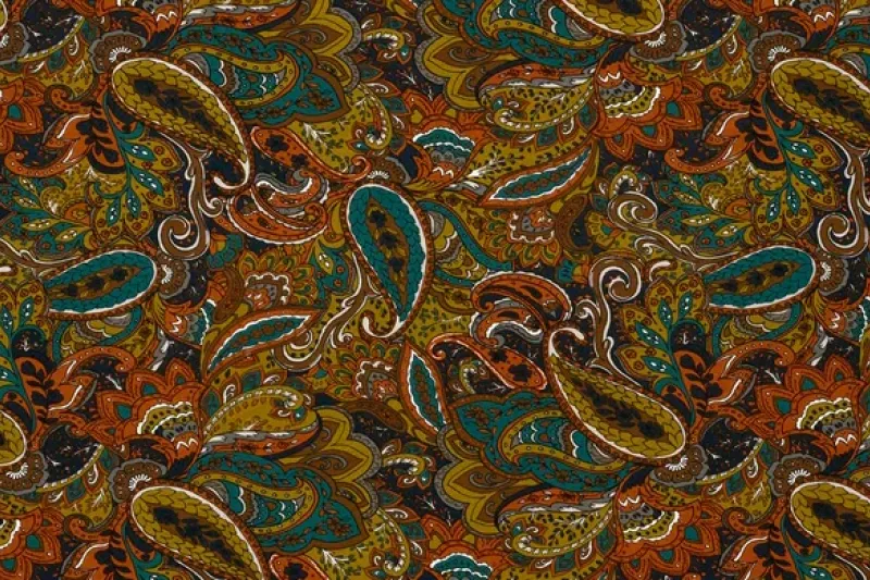 Viscose Jersey stof, paisley print, bruin/oker/oranje/turqoise, P986-1