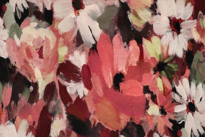 French Terry Stof, Digital Flower, Bordeaux/Groen/Rood. P911-1