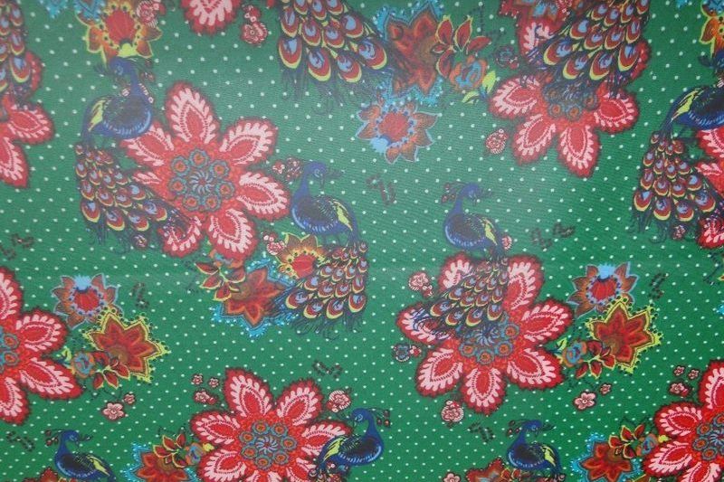 Coating katoen B663 (zeil) flesgroen bloem pauw rood