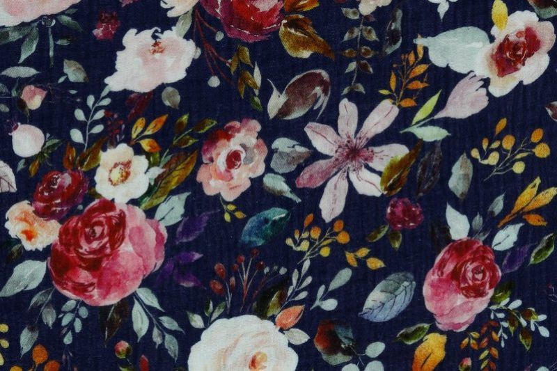 W0504 Hydrofiel stof, mousseline, bloemenprint, donkerblauw/roze/rood/geel