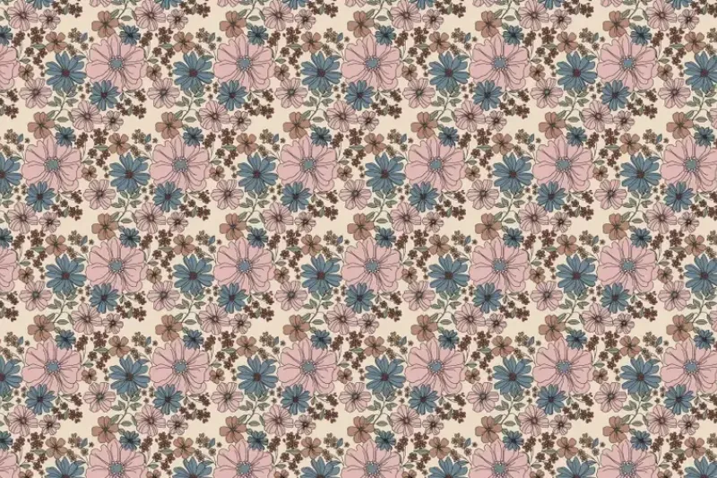 Rib jersey stof, bloemenprint, crème/roze/blauw. A.111-1