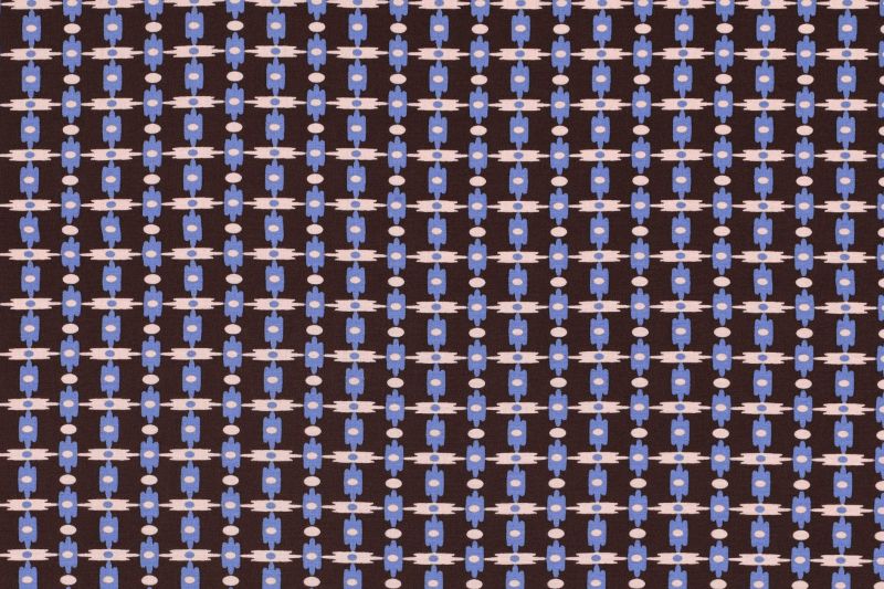 Viscose stof, abstracte print, bruin/paars/crème. A.139-1