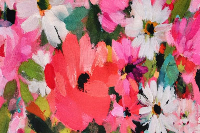 French Terry Stof, Digital Flower, Roze/Groen/Geel. P909-1
