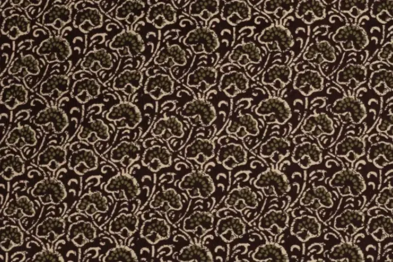 Corduroy rib stof, ornament print, groen/bruin/créme. P977-1