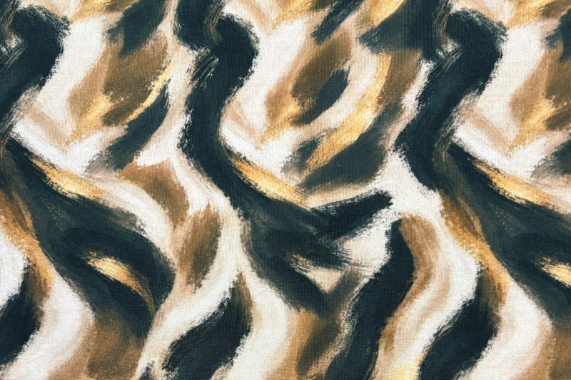 Tricot katoen stof, abstract print, okergeel/crème. Actie20-1