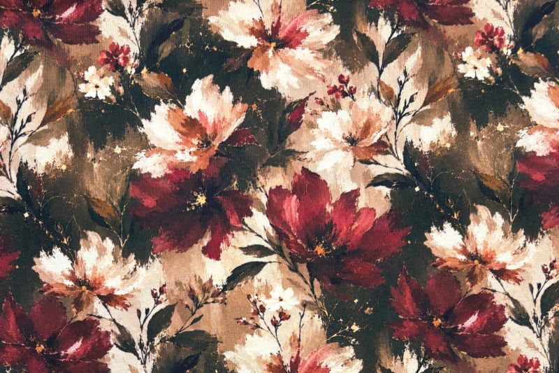 Tricot katoen stof, bloemen print, rood/crème. Actie30-1