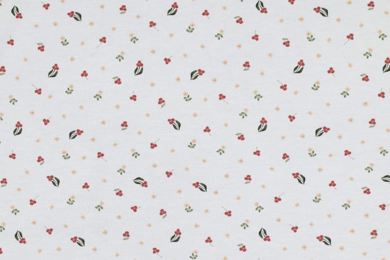 Jersey stof, GOTS, bloemen motief, wit. A.156-1