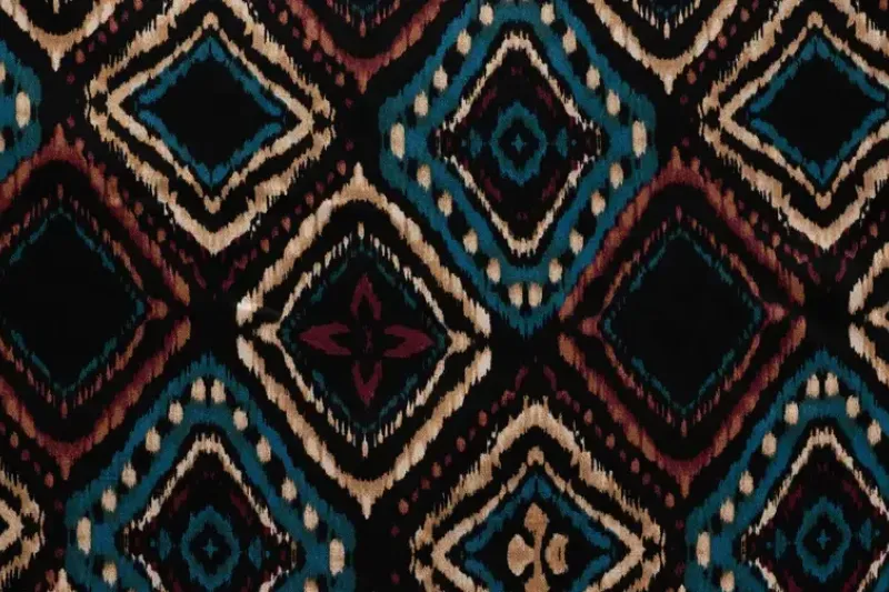 Viscose satijn stof, ruit print, roest/aqua/bruin/zwart. P962-1