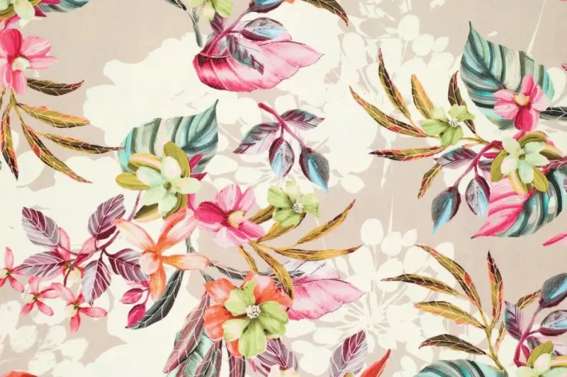 Linnen viscose stof, bloemen print, roze/groen/rood. A.229-1