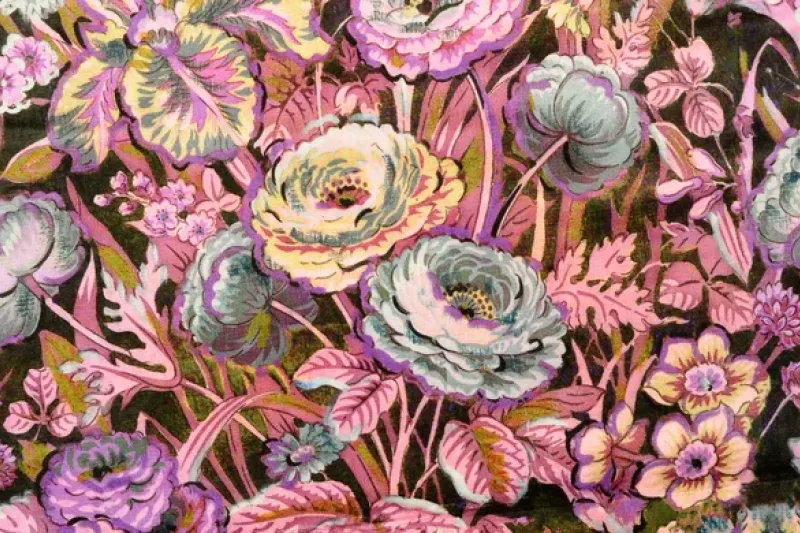 Fluweel stof, bloemen print, bruin/groen/paars/roze, P1001-1