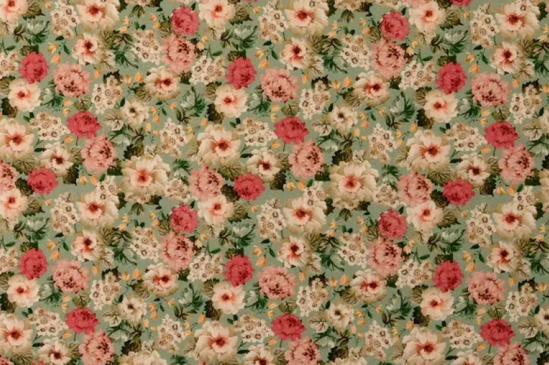 Poplin Katoen Stof, Bloemen Print, Groen/Roze/Oud Roze/Beige, P889-1