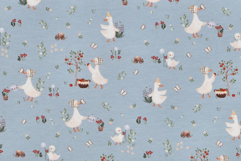 Jersey stof, GOTS, ganzen en bloemen motief, blauw. A.155-1