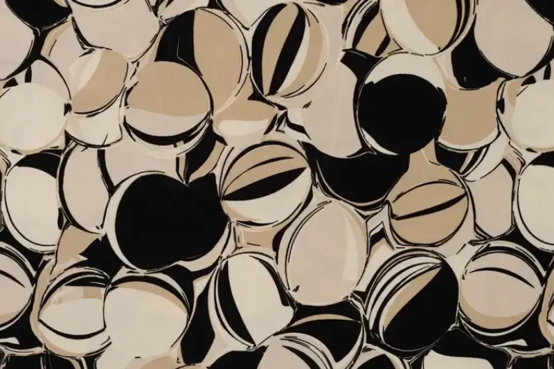 Viscose twill stof, cirkel print, zwart/creme. P970-1