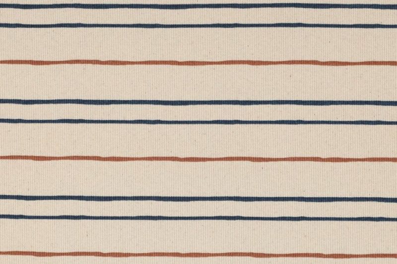 Rib Jersey Stof, GOTS, Streep Motief, Naturel/Bruin/Blauw. P929-1