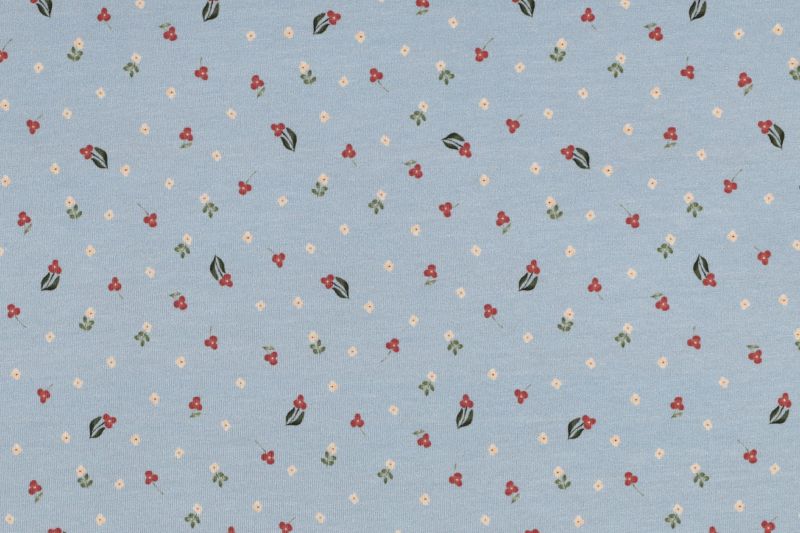 Jersey stof, GOTS, bloemen motief, blauw. A.158-1