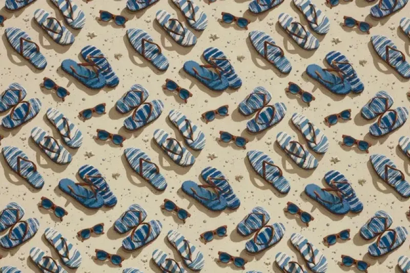 Poplin Katoen Stof, Slipper Print, Blauw/Beige/Zand, P890-1