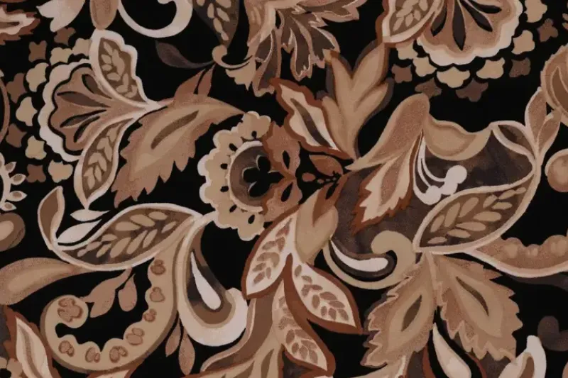 Viscose stretch stof, bladeren print, bruin/camel/zwart/roest. P966-1