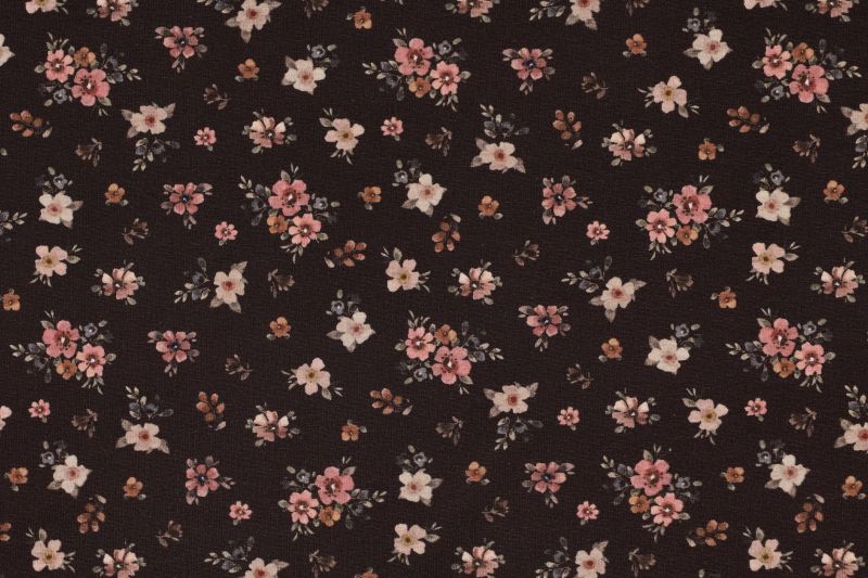 Jersey stof, bloemen print, bruin. A.232-1