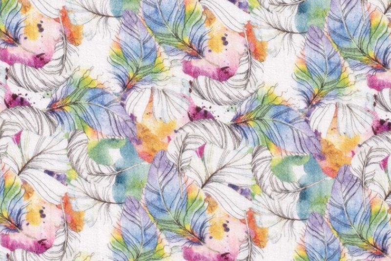Hydrofiel-mousseline-katoen-stof-dubbeldoek-aquarel-verenprint-d0357
