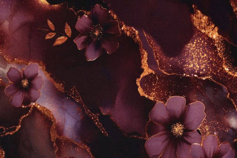 Punta di roma stof, bloemen print, aubergine/goud/paars. A.136-1