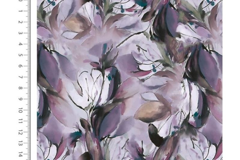 French terry stof, digital flower, paars. A.198-1