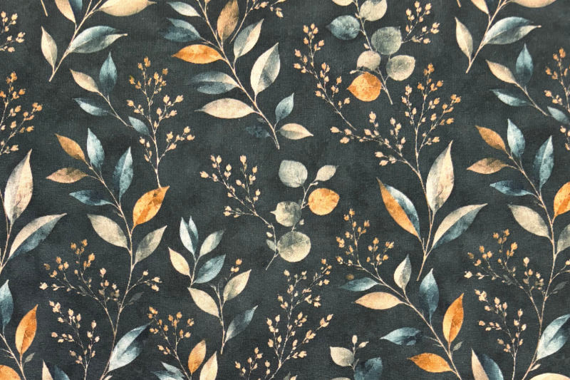 Tricot katoen stof, bladeren print, blauw/crème. Actie13-1