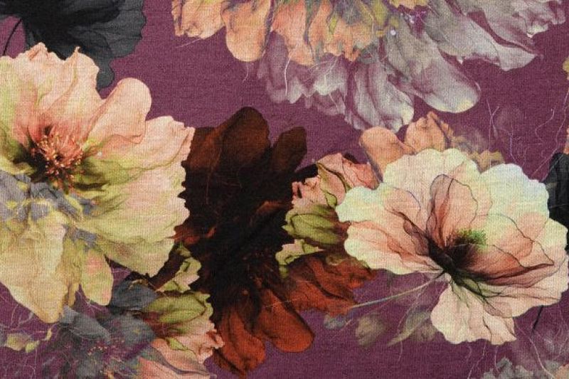 Jersey stof digital bloemen print, paars/blauw/crème. A.115-1
