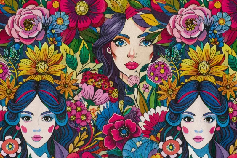 Canvas-stof-bedrukt-meisje-flower-power-print-P136