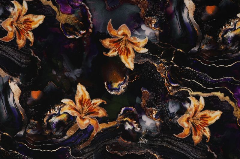 Punta di roma stof, bloemen print, zwart/paars/oranje. A.233-1