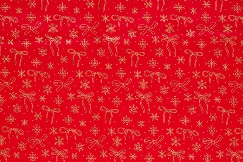 Kerst katoen stof, sneeuwvlokken en strikken print, rood/off-white. KER048-1